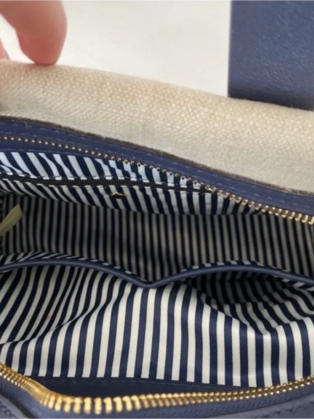kate spade Beige and Navy Canvas Satchel with Gold Spade Logo